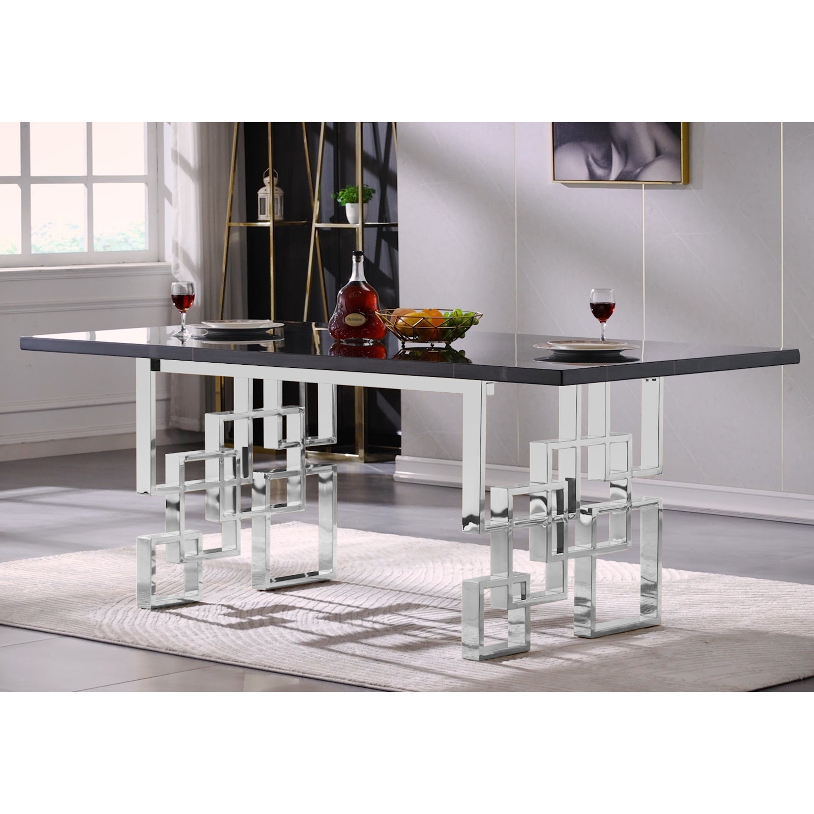 Black dining table | 78" Rectangle Top | Silver Metal geometric legs | T217
