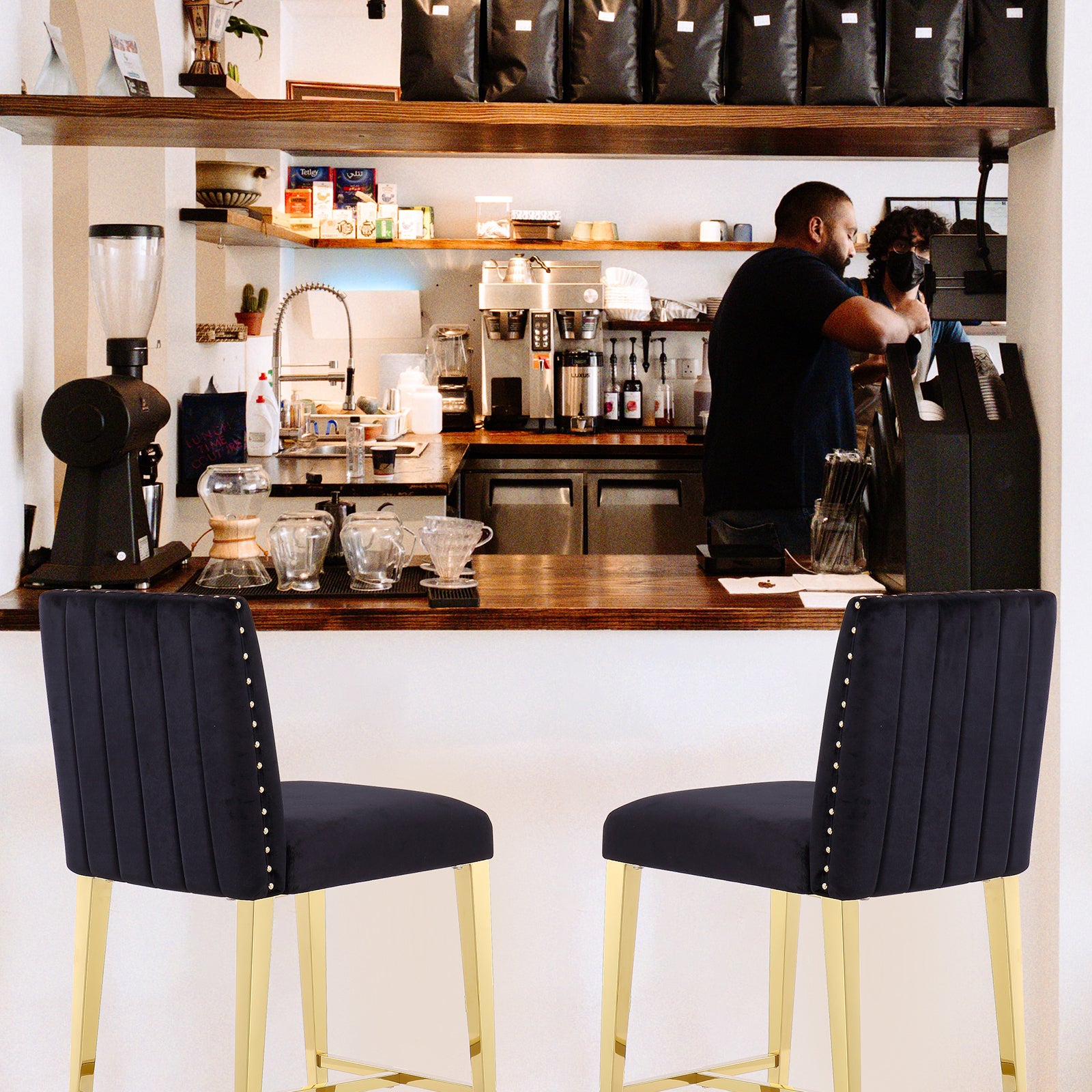 Counter Height Bar Stools | Black Velvet | 24.8-Inch Height