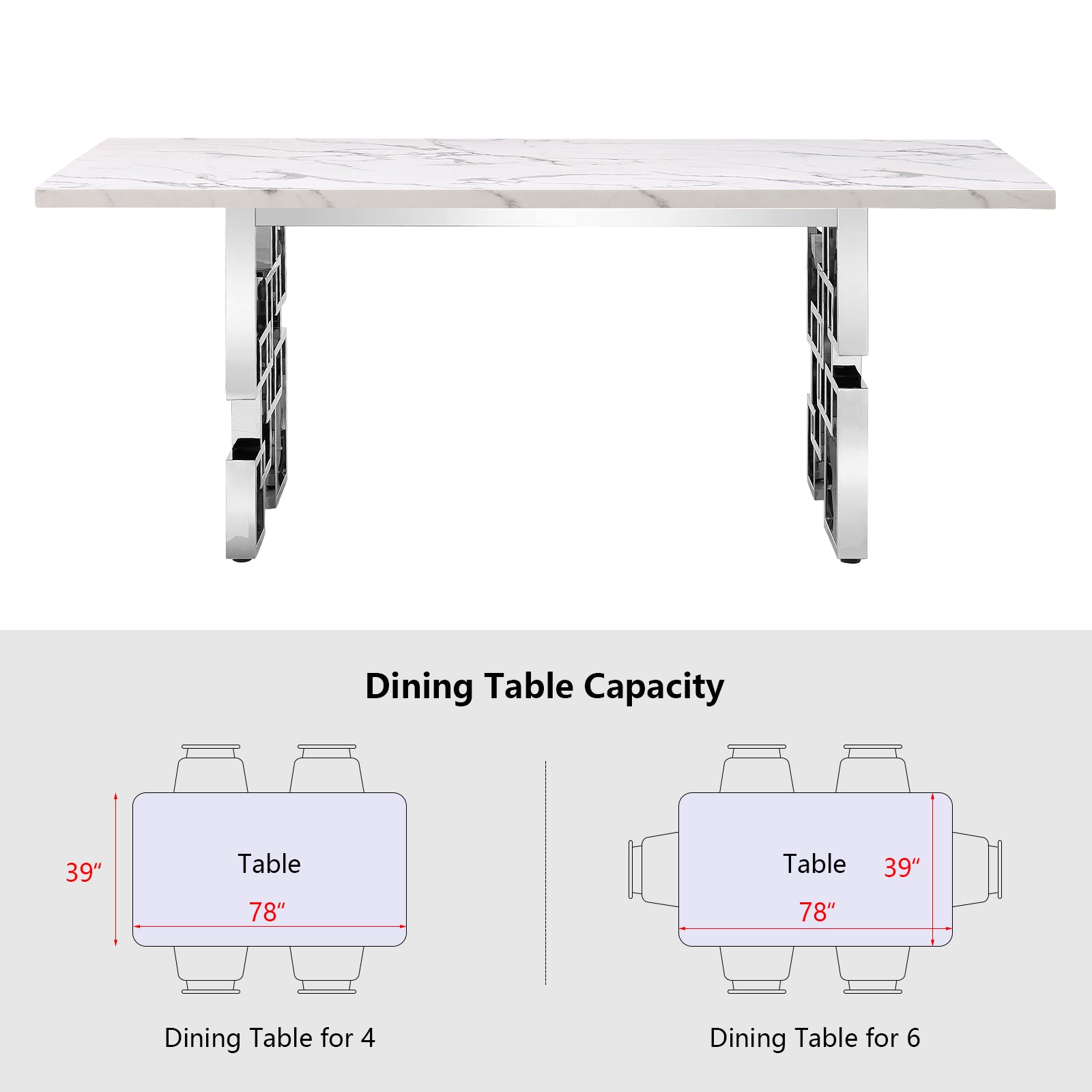 White dining table | 78" Rectangle Top | Silver Metal geometric legs | T216