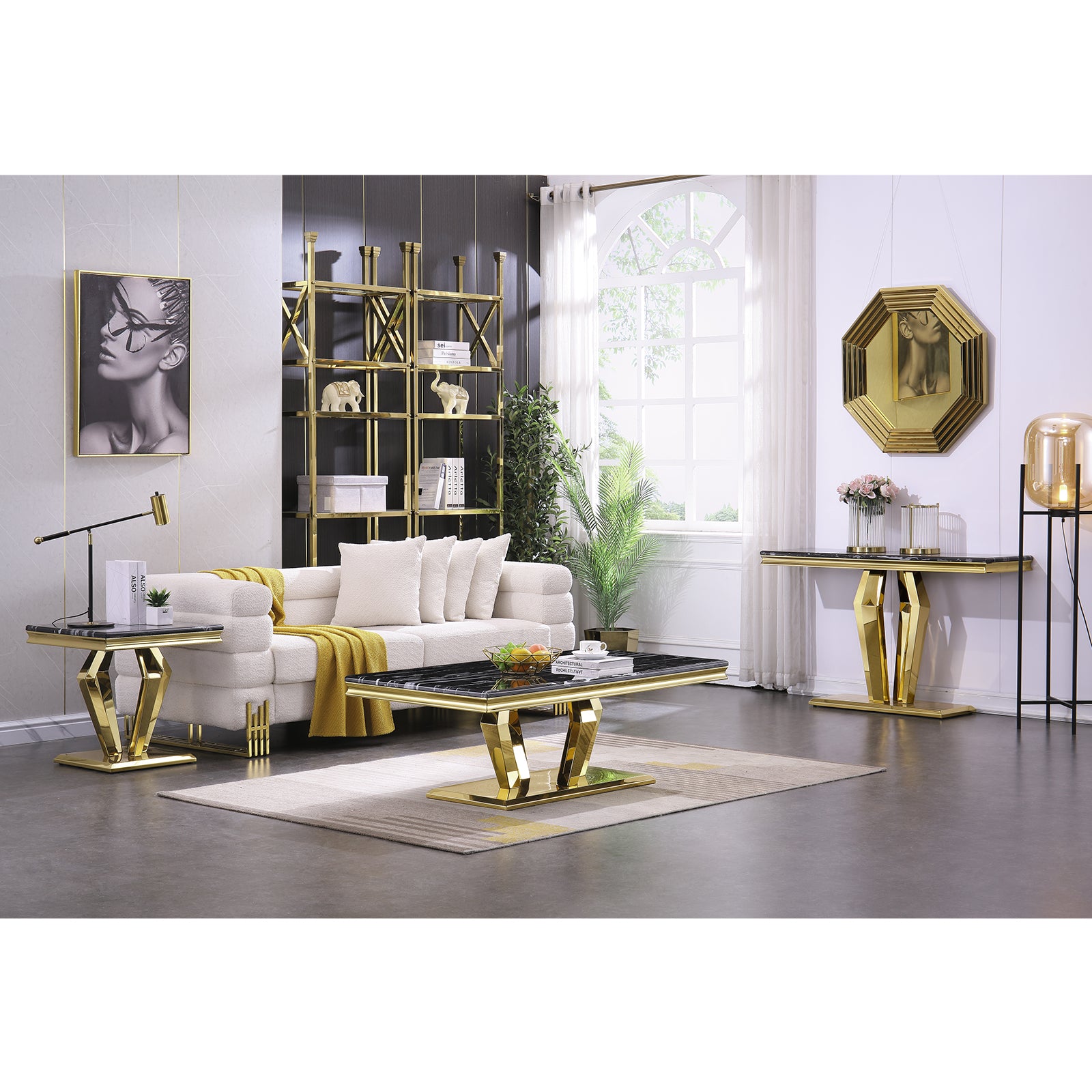Black Gold Sofa Table with metal Geometric Base | S507