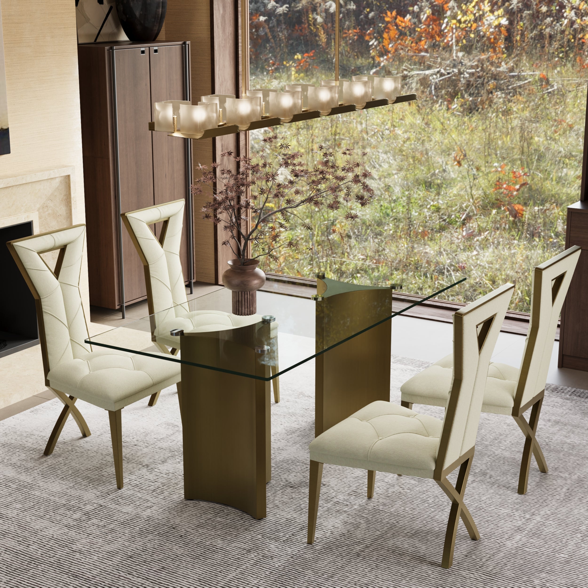 722 Set | Brushed Gold Dining Table Set for 4 | 70" Glass Dining Table and 4 Pcs Brushed Gold Dining Chairs