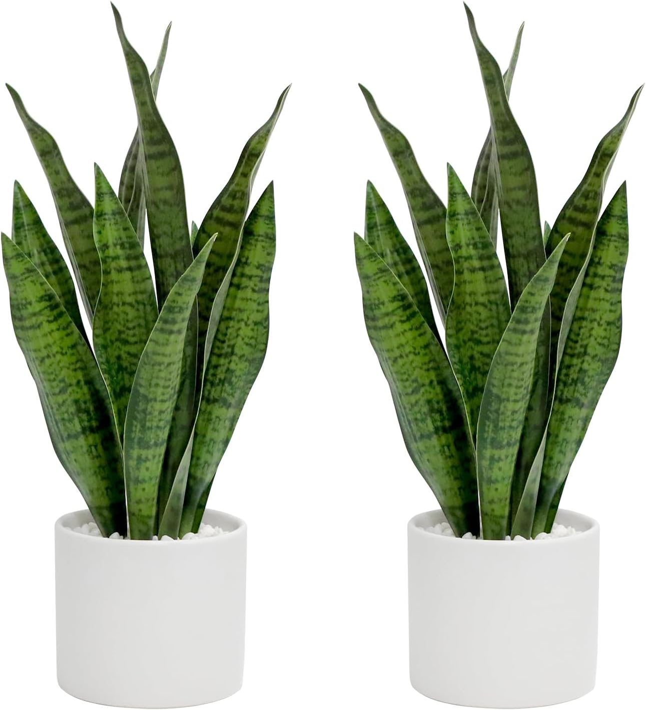 Artificial Snake Plant Set of 2 | 13.8"  Faux Snake Plant | with Pure White Ceramic Pots