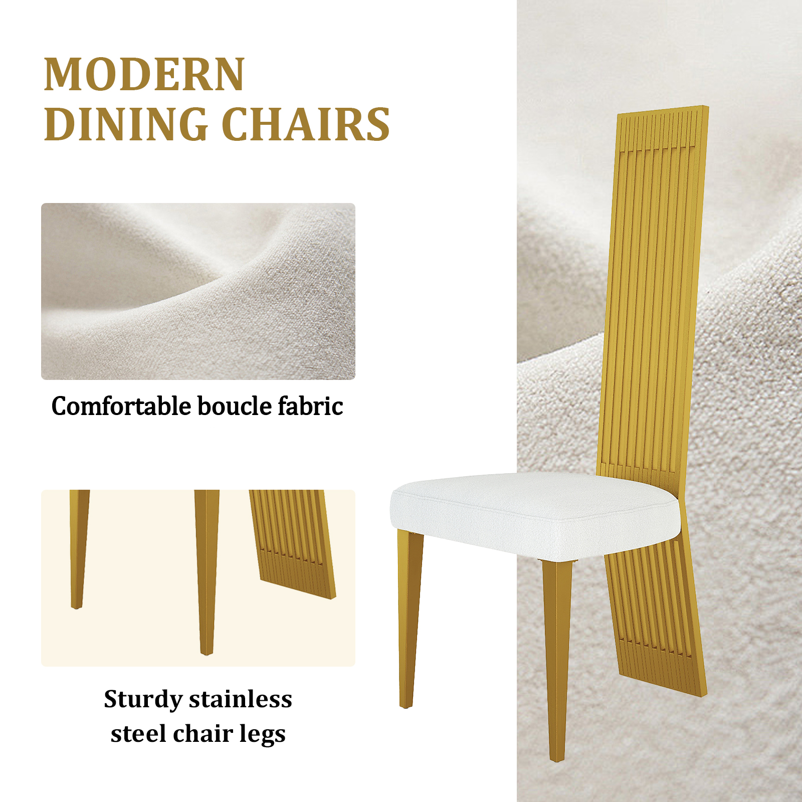 White and Brushed Gold Dining Chairs | Boucle Dining Chairs | Polished Straight legs | C180