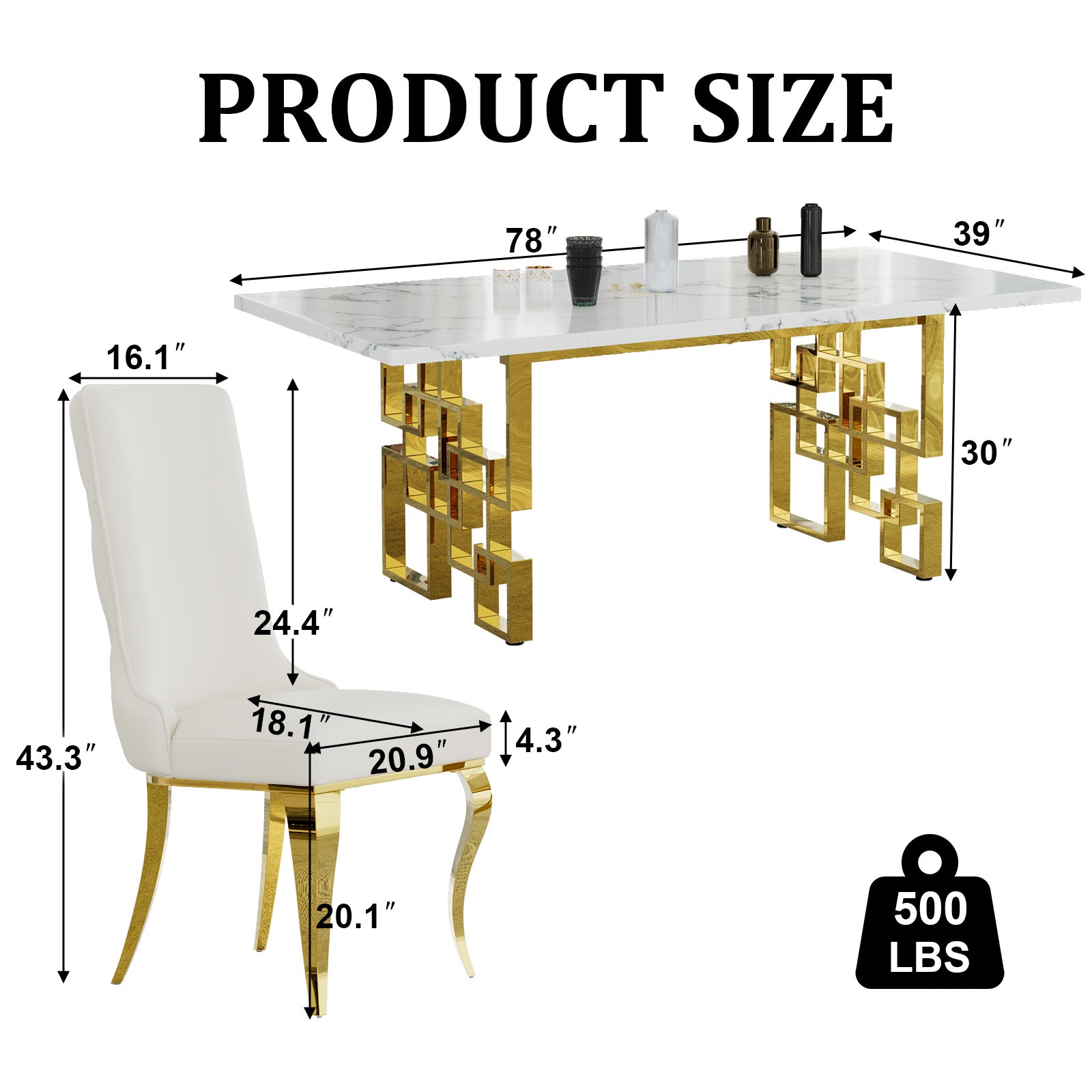 723 Set | White and Gold Dining Table Set for 8 | 78" Dining Table and 8 Pcs Leather High Back Dining Chairs
