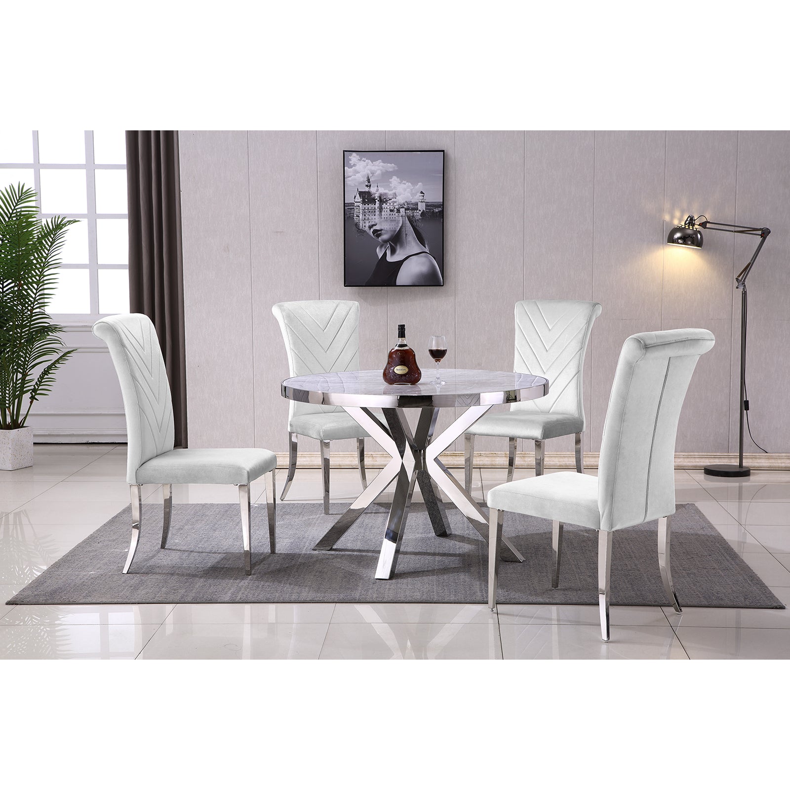 Grey silver dining chairs | High Rolled Back | Silver metal legs | C172