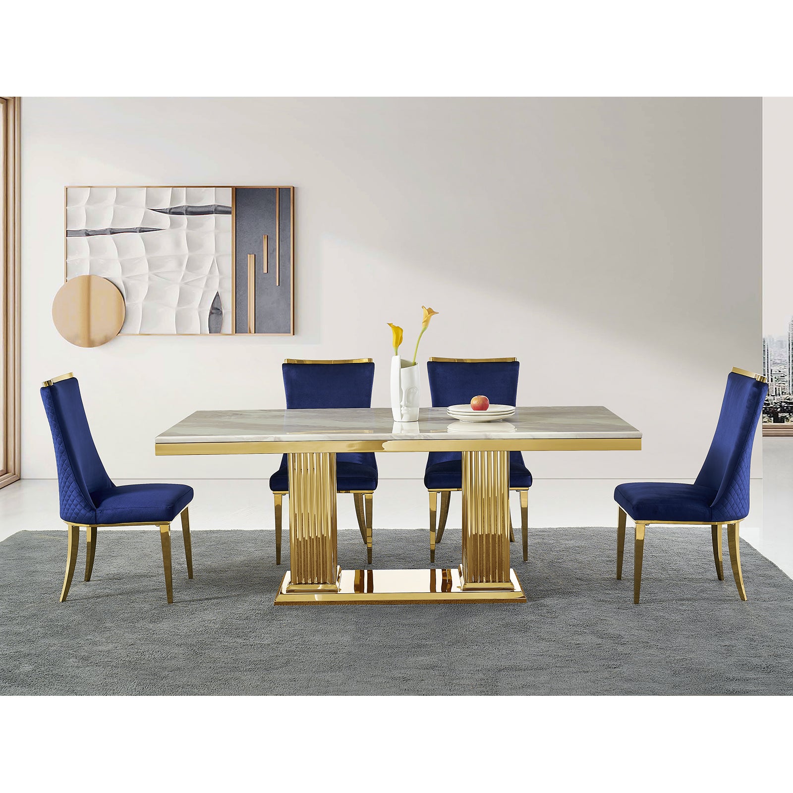 Blue Velvet Dining Chairs | Reticulate Texture Back| Gold Metal Legs | C139