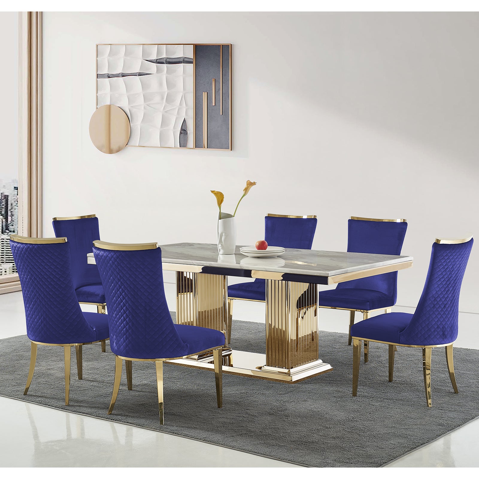 Blue Velvet Dining Chairs | Reticulate Texture Back| Gold Metal Legs | C139