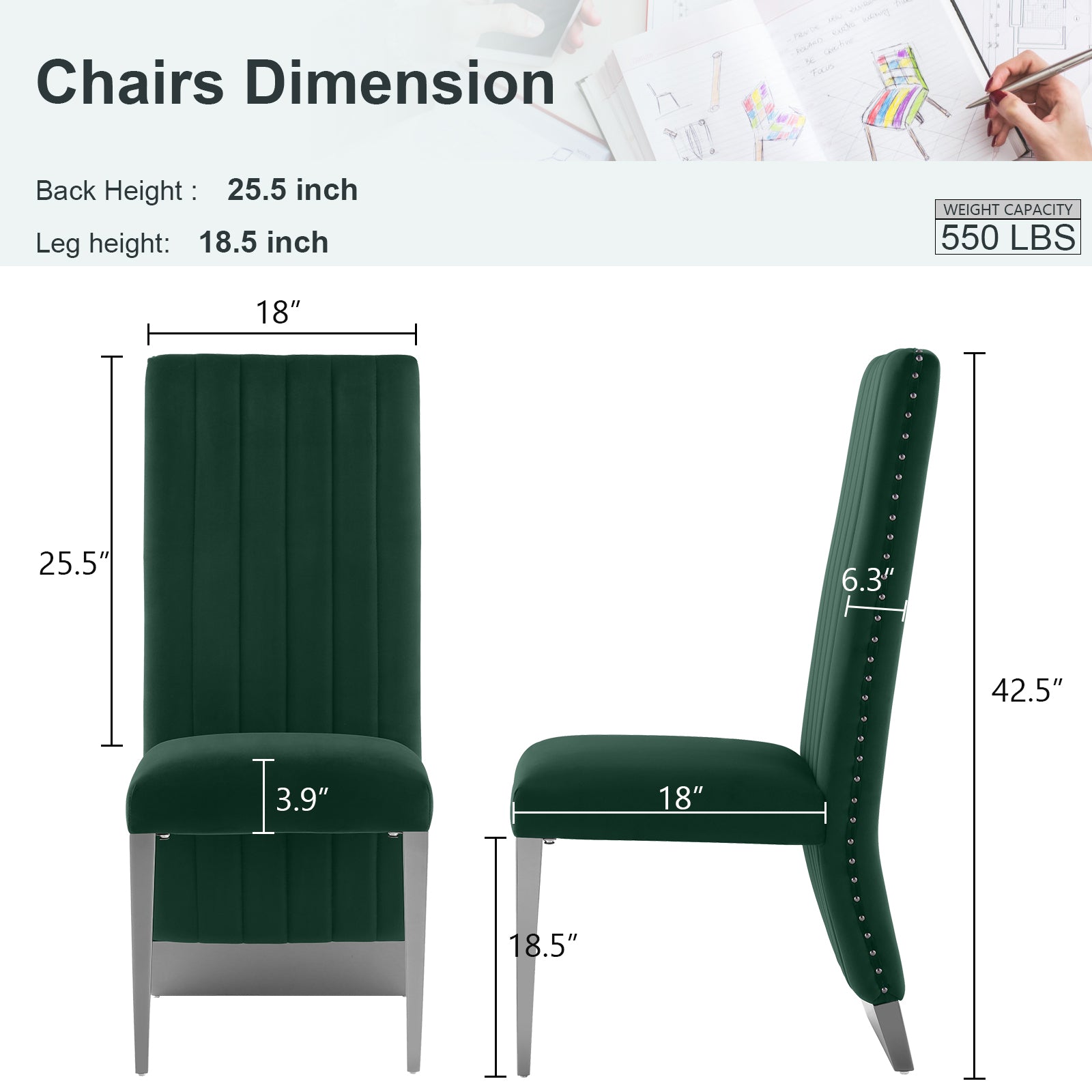 Dark Green Velvet Dining Chairs | Nailhead Trim | Black Metal legs | C157