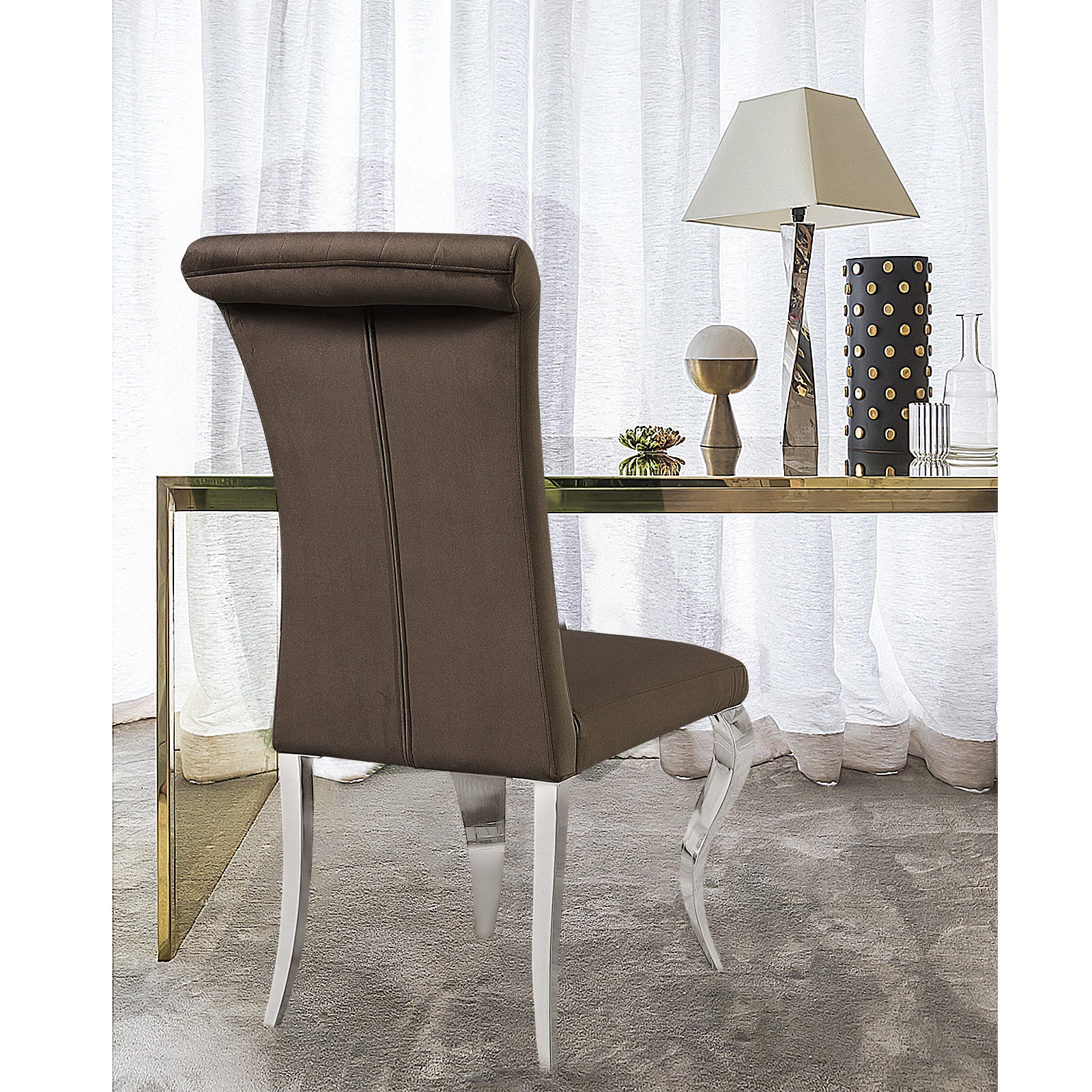 Brown Velvet Dining Chairs | Channel Roller Back| Silver metal legs | C131
