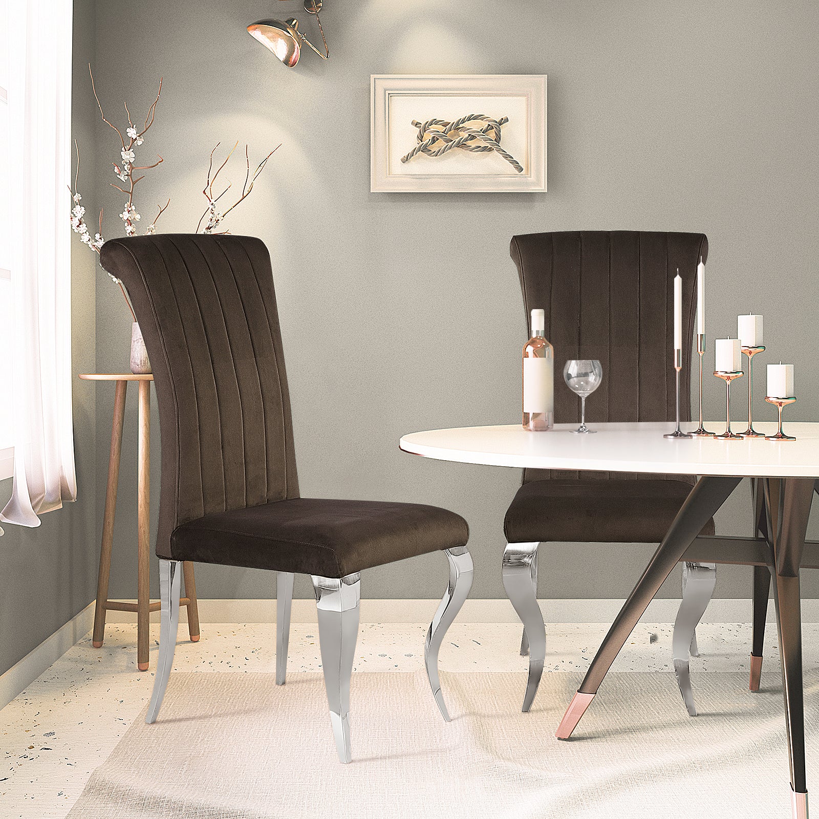 Brown Velvet Dining Chairs | Channel Roller Back| Silver metal legs | C131