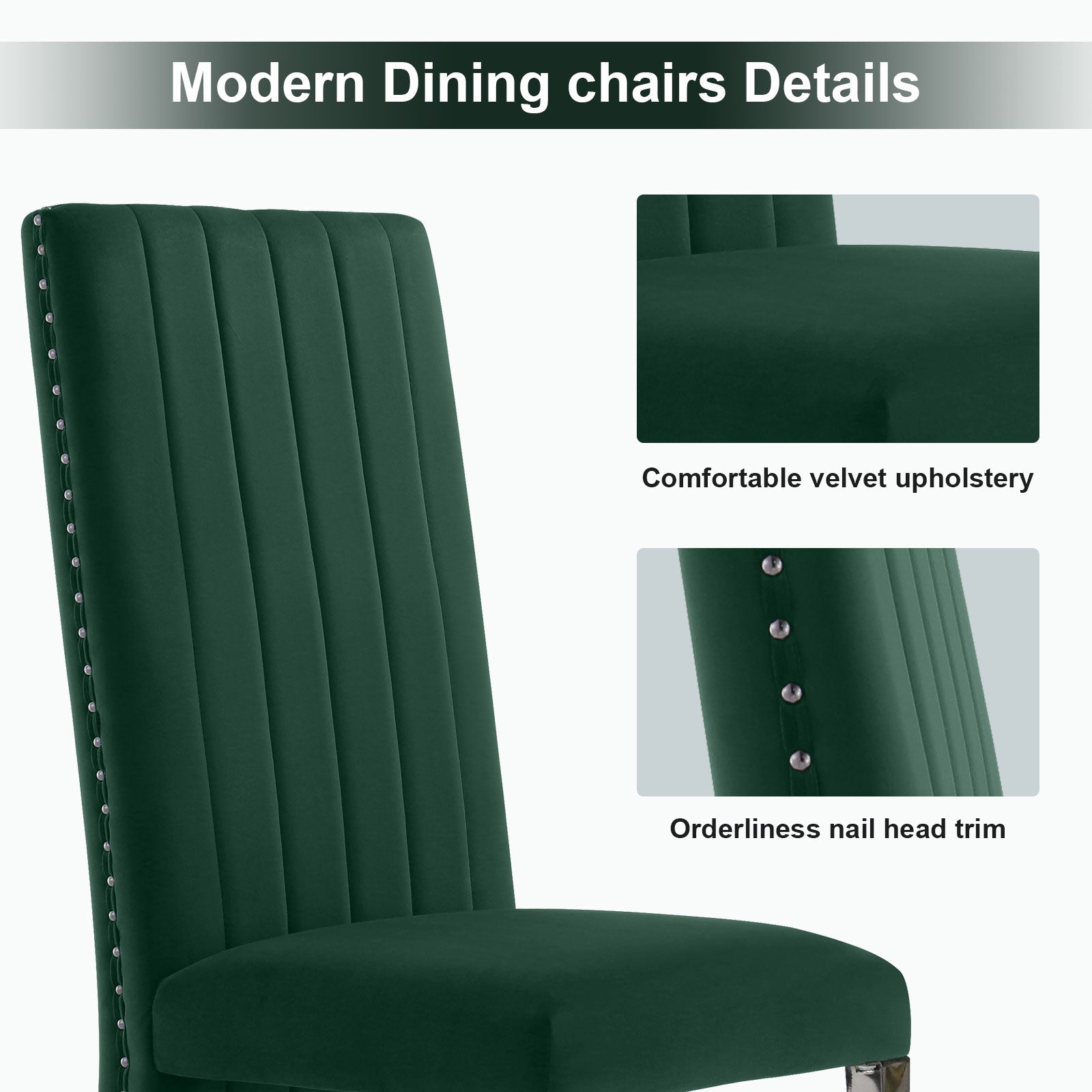 Dark Green Velvet Dining Chairs | Nailhead Trim | Black Metal legs | C157
